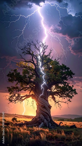 Tree struck by lightning in a field with dramatic, ominous stormy clouds