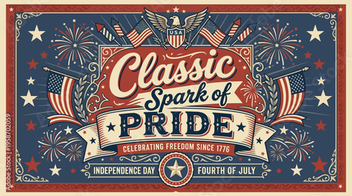Celebratory patriotic design emphasizing national pride and independence with festive elements and bold typography for Fourth of