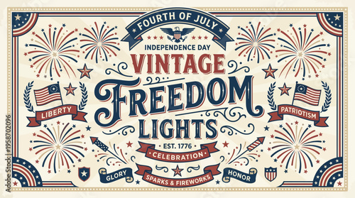 Celebratory vintage Fourth of July graphic featuring patriotic symbols and fireworks display for independence day festivities