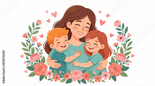 Mother Hugging Her Son and Daughter