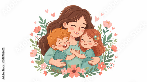 Mother Hugging Her Son and Daughter