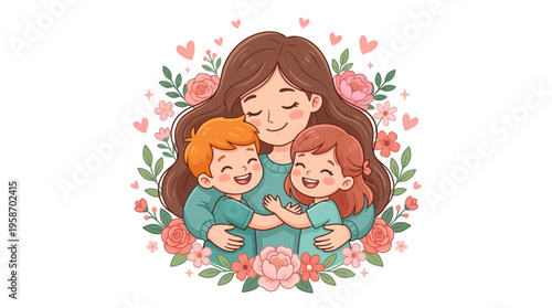 Mother Hugging Her Son and Daughter