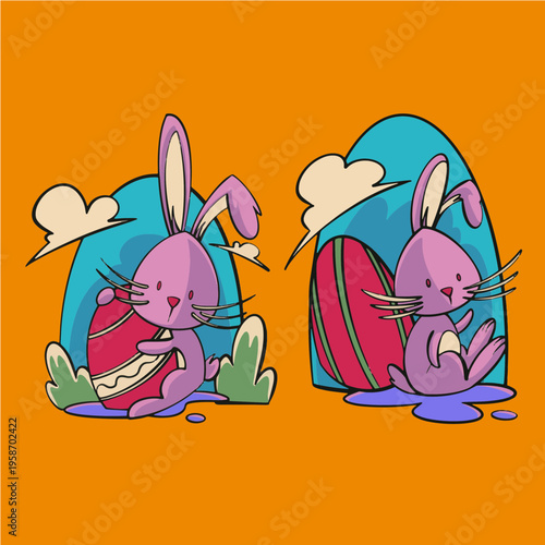 Cute Easter Bunny with Colorful Eggs Kawaii Spring
