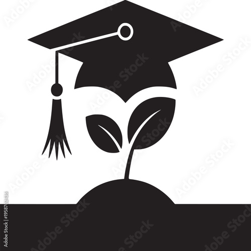A black and white graphic of a graduation cap growing from a plant on a white background design style