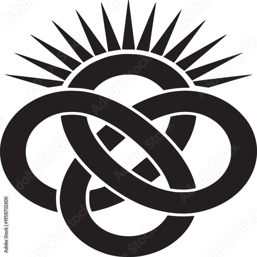 Abstract black symbol with intersecting circles and sun rays on a white background design element