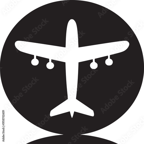 White airplane silhouette inside a black circle with a small black base on a white background
