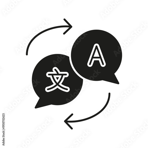 Language Translation Solid Icon. Multilingual Communication And Text Conversion Silhouette Symbol. Speech Bubbles With Arrows Indicating Language Exchange. Isolated Vector Illustration