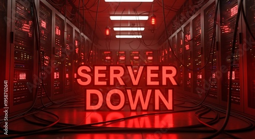 Server down text in red glowing lights in server room, concept of system failure.