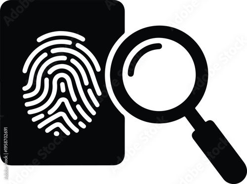Silhouette magnifying glass examining human fingerprint for biometric identification security vector illustration