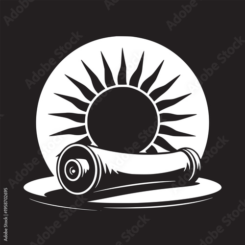 A black and white illustration of a sun and a scroll on a plate in a minimalist style art