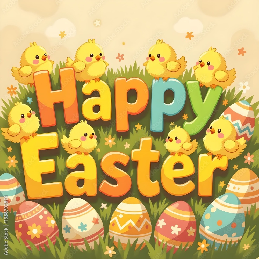 Obraz premium Happy Easter text with chicks and colorful painted eggs