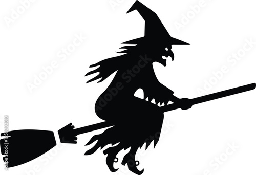 Silhouette of a scary Halloween witch flying on her broomstick vector illustration