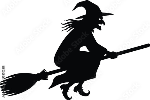 Silhouette of a scary Halloween witch flying on broomstick vector illustration