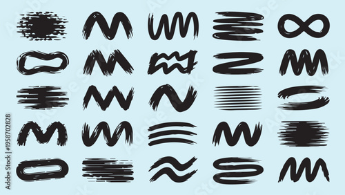 Set of black vector brush strokes, abstract strokes and spots in various shapes