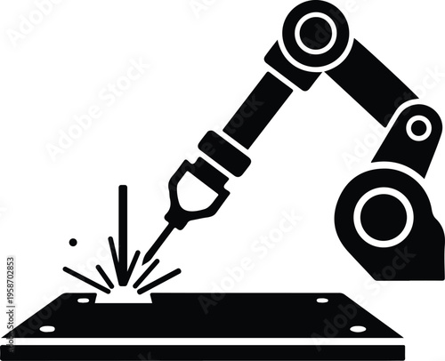 Silhouette of industrial robotic arm welding metal in factory production vector illustration