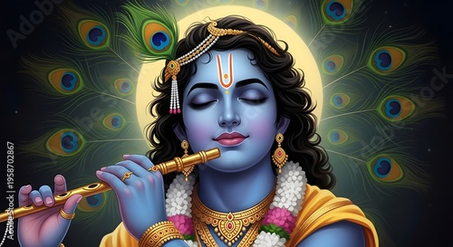 Lord sri krishna playing flute with divine aura and peacock feathers background