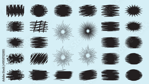 Set of black vector brush strokes, abstract strokes and spots in various shapes