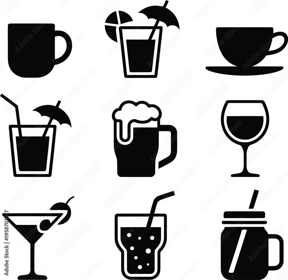 Obraz premium Collection of stylized beverage icons including coffee, tea, cocktails, and beer, coffee cup