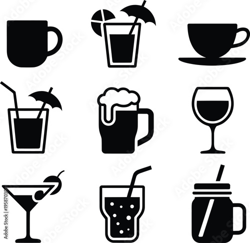 Collection of stylized beverage icons including coffee, tea, cocktails, and beer, coffee cup