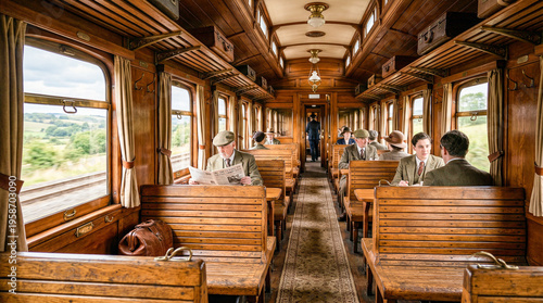 Interior de un vagón de tren de época, con paneles de madera y asientos de banco, que muestra el encanto de los viajes ferroviarios antiguos.