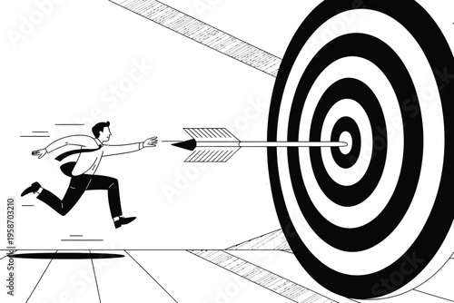 Silhouette of a man running towards a target with an arrow hitting the bullseye, symbolizing goal achievement and focus