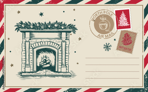 Christmas Postcard with Hand-Drawn with fireplace
