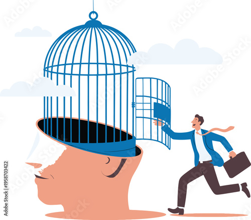 Businessman escaping an open bird cage inside his head, symbolizing breaking free from mental barriers, vector illustration