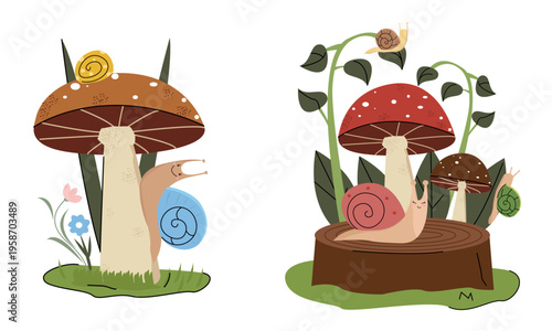Cute forest snails with mushrooms and tree stump – whimsical woodland vector set. Cartoon kawaii snails and amanita woodland scene –cozy vector illustration.