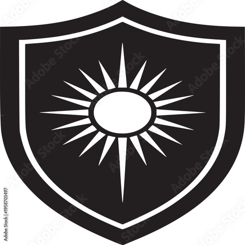 A black shield with a white border containing a sunburst design in the center on a white background
