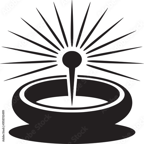 A black and white illustration of a bowl with a pin and radiating lines above on white background
