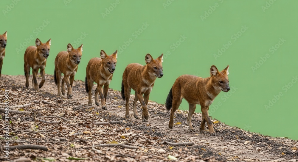 Fototapeta premium Wild Red Foxes Walking Along Forest Path in Natural Habitat