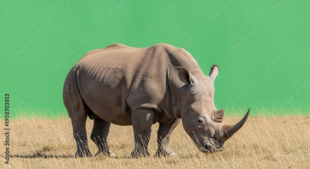 Obraz premium Wild Rhinoceros Walking Through Savanna Under Clear Blue Sky
