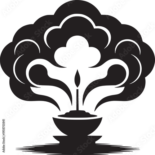 A stylized black and white image of a candle in a bowl with smoke forming a cloud shape above it