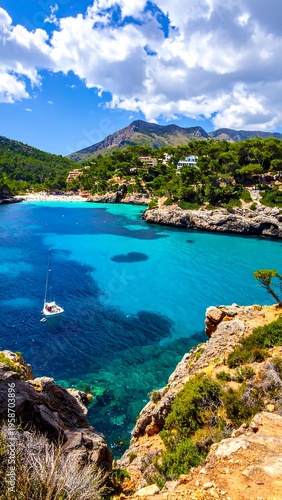 Turquoise bay view from rocky cliffs, with a distant mountain and lush vegetation