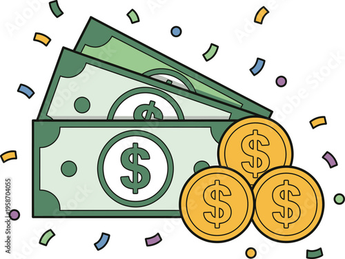 Money bills and coins with confetti, financial success and wealth concept