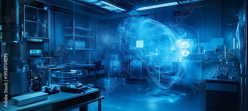 A futuristic laboratory with a glowing blue brain model in the center of a high tech room with various scientific equipment and tools around it