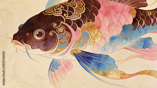 Elegant koi fish watercolor with gold details, soft vintage paper, Asian style decorative illustration.