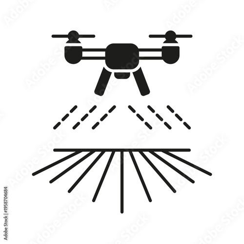 Drone Spraying Crops Solid Icon. Agricultural Technology And Precision Farming Silhouette Symbol. Drone Irrigation And Crop Management. Isolated Vector Illustration