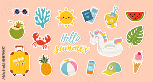 Summer sticker set with travel and tropical elements. Hello summer holiday cute collection. Flat vector illustration.