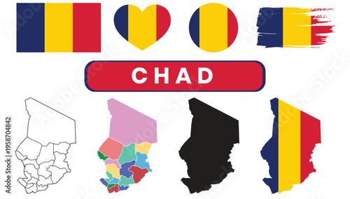 Flag and map of chad with various design elementsFlag and map of chad with various design elements