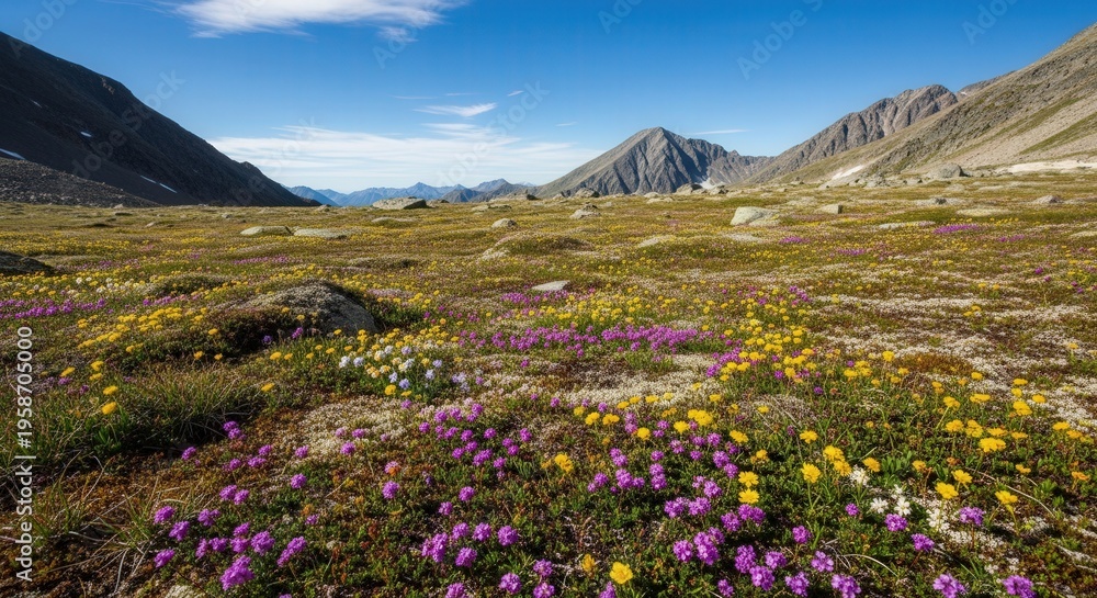 Fototapeta premium Scenic Mountain Valley with Vibrant Wildflowers and Clear Sky Landscape