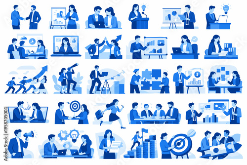 Flat vector set of office work and business people activities, corporate workflow, teamwork and productivity illustration collection