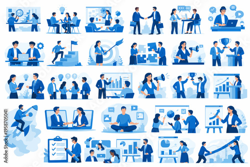 Flat vector set of office work and business people activities, corporate workflow, teamwork and productivity illustration collection