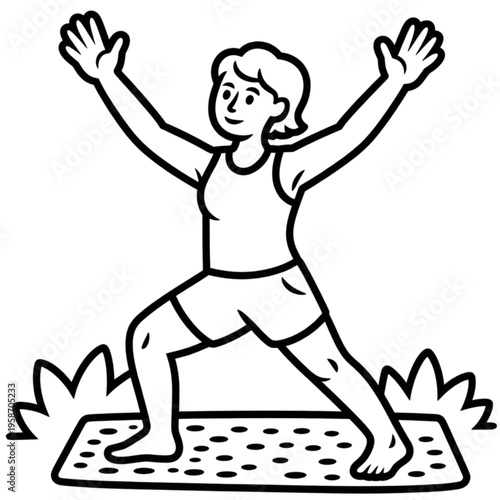 A young woman performing a yoga stretch on a mat in an outdoor setting with arms raised.