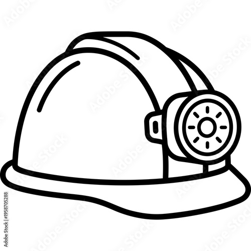 Minimalistic mining headlamp on hard hat outline icon