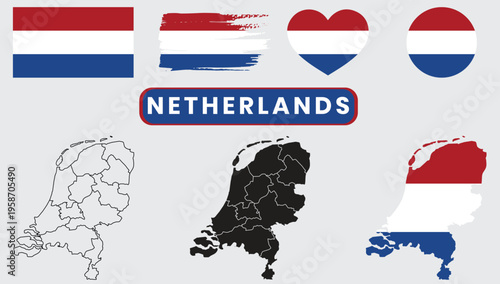 Netherlands flag and map illustrationsNetherlands flag and map illustrations