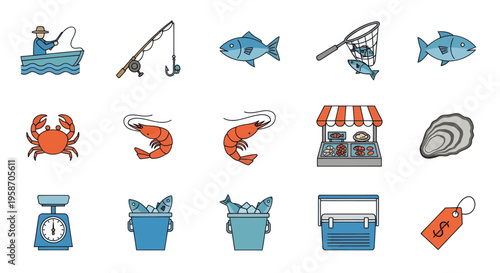 Seafood Icons: Fishing, Catch, Market, and Fresh Ingredients Collection
