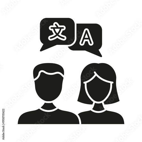 Two People With Speech Bubbles Solid Icon. Language Translation And Communication Silhouette Symbol. Multilingual Interaction And Interpretation. Isolated Vector Illustration