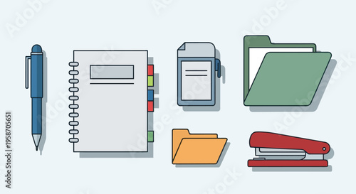 Office Supplies Flat Design Icons: Pen, Notebook, Folders, Stapler, Organizer
