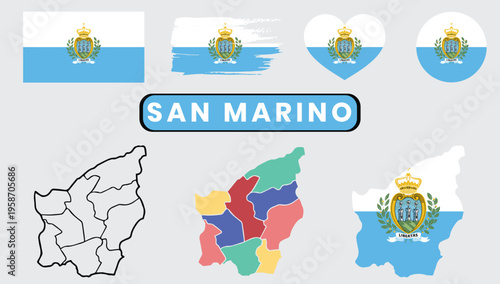 San marino national symbols collection including flag road sign and mapSan marino national symbols collection including flag road sign and map